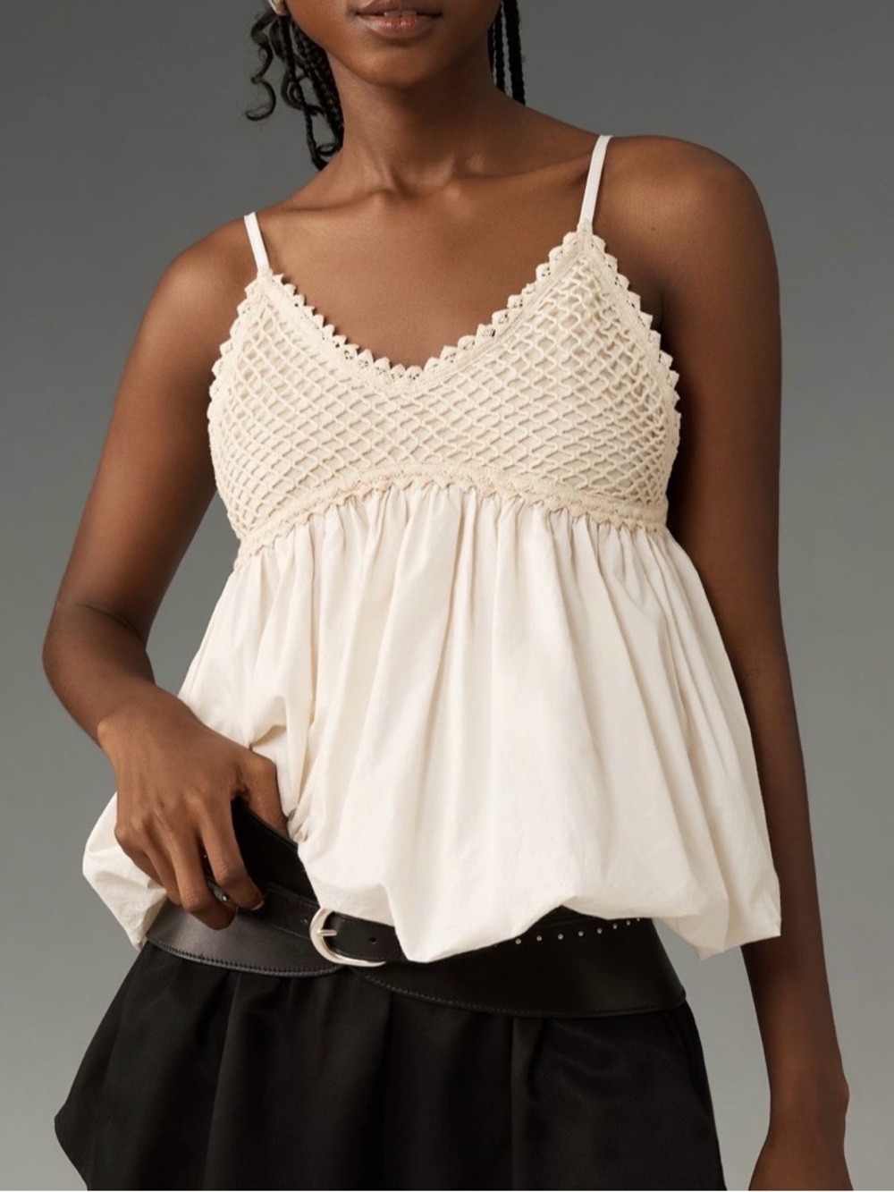 New By Anthropologie Crochet Bubble Tank V Neck Beige Sleeveless Strap Top Med